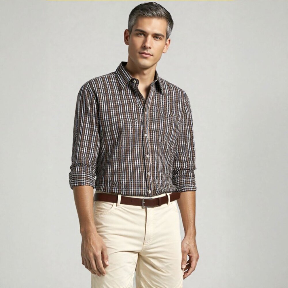 Ted Baker 100% Cotton Check Plaid Button Down Shirt Classic Office Brown Cream